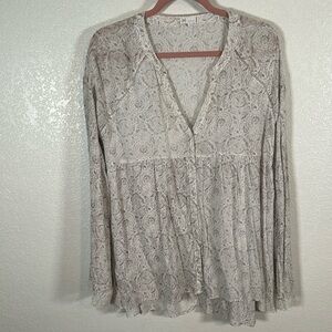 GxF Boho Babydoll Blouse Lace Trimmed Sleeves Size Medium